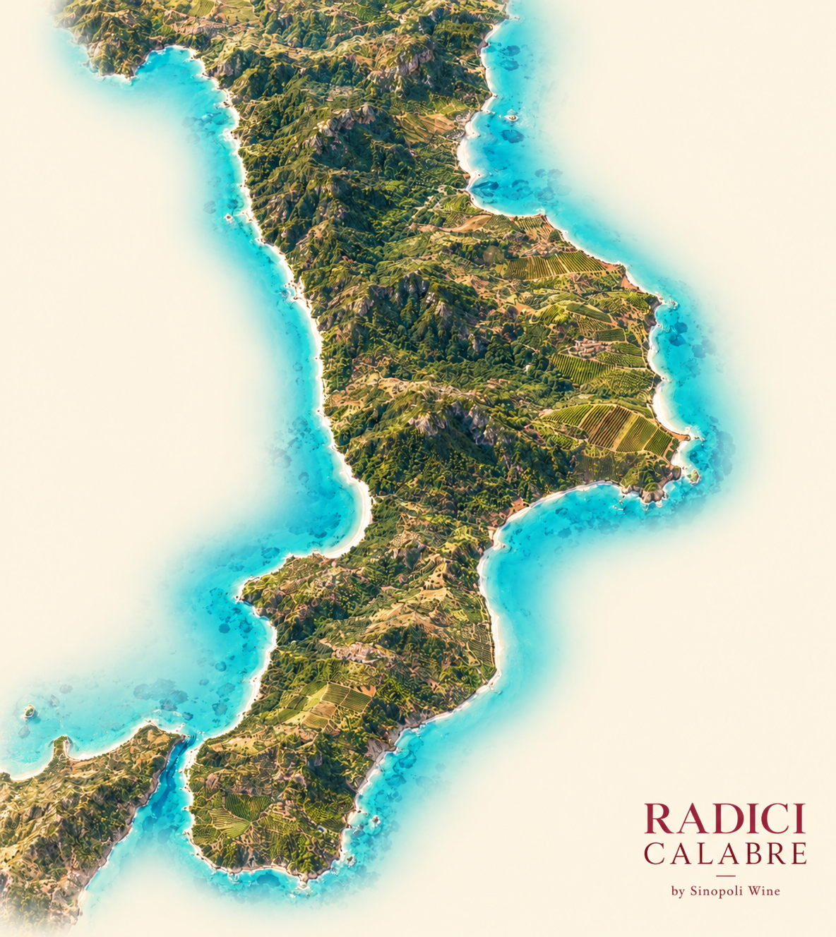 Ricostruzione illustrativa della Calabria vista dall’alto, con rilievi, coste e vigneti